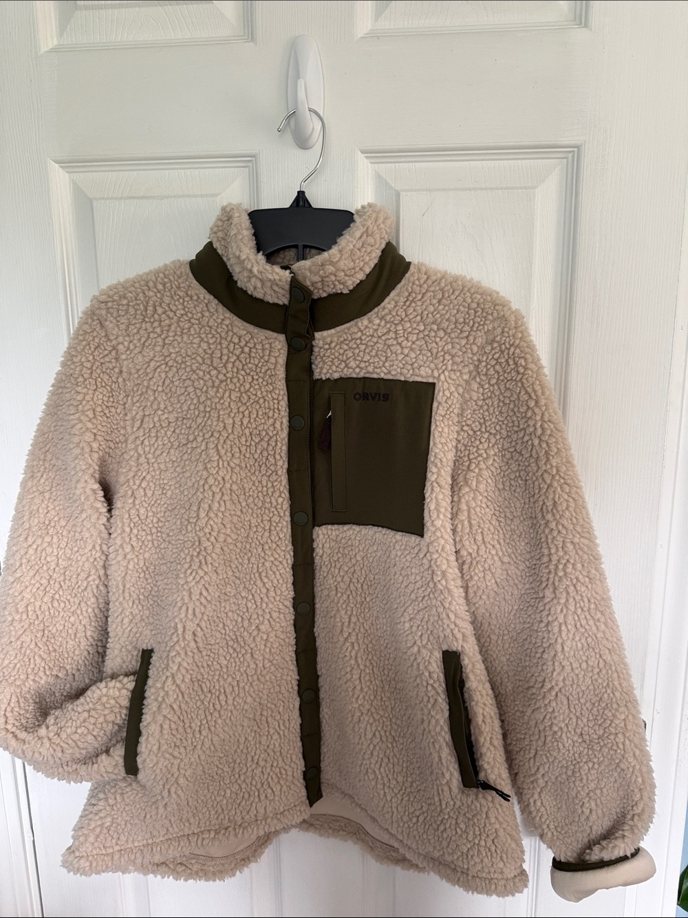 Orvis Women’s Cream Sherpa Fleece Jacket with Olive Trim